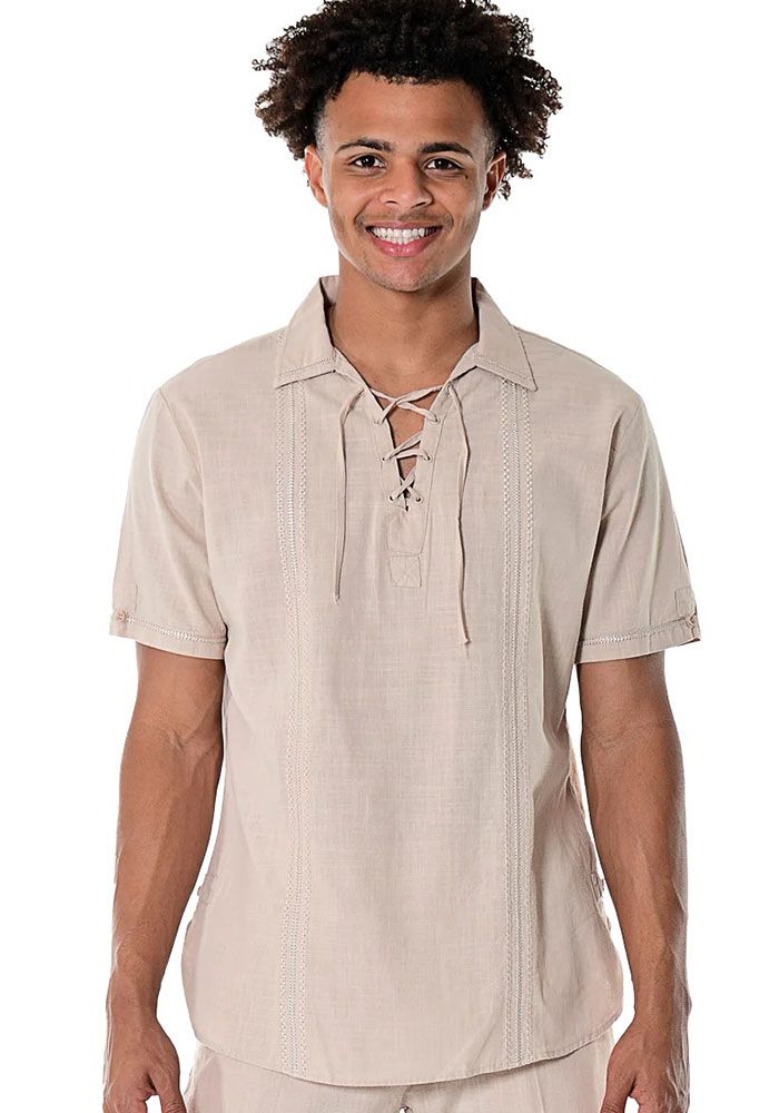Shirt Men Cotton Casual Beach Summer. Drawstring Collar. Short
