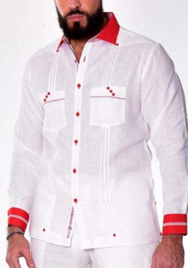Long Sleeves Guayabera. 100% Linen. 2 Pockets Design with Contrast Line Trim. White/Red Color.