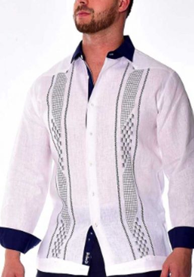 Long Sleeves Guayabera. 100% Linen. Beautiful Embroidery. White/Navy Color.