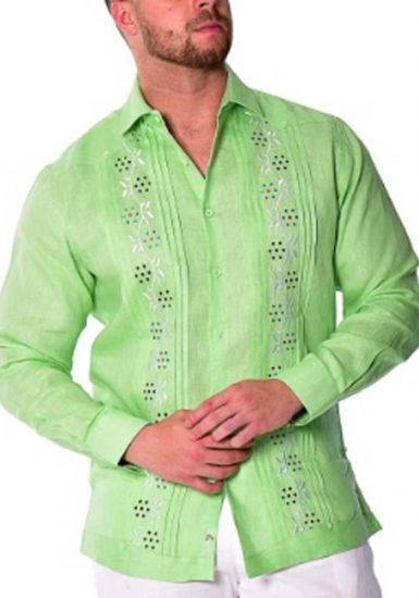 Long Sleeves Guayabera. 100% Linen. Beautiful Embroidery. Green Color.