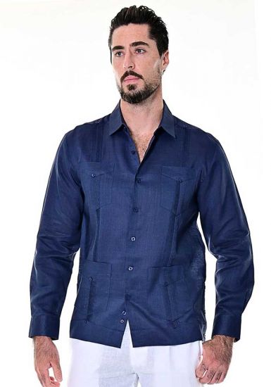 Four pockets Cuban Party Guayabera Long Sleeve. Regular Linen. Navy Color.