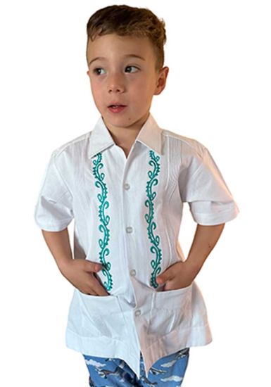 Manta Lavada. Guayabera Fashion for Kids. Short Sleeves. Embroidered in Turquoise Color.