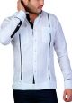 Detail in the Pleats. Two Pockets Guayabera with Cuff Print Feature. Groomsmen. White/Black Color. Back-Orders.