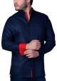 Men's Premium 100% Linen Guayabera Shirt Long Sleeves. One  Pocket. Design with Contrast Print Trim. Navy/Red Color. Back-Orders.
