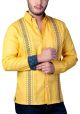 Two Colors Embroidery. Casual Finest Linen Shirt. Bright Color Guayabera. Linen 100 %. Yellow Color. Back-Orders.