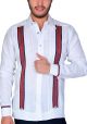 Linen Shirt Guayabera Long Sleeves. No pockets. Embroidered Strip. White/Red Color. Back-Orders.