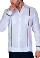 Linen Shirt Guayabera Long Sleeves. Two pockets. Details Print. White/Red Color. Back-Orders.