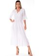 Ladies Empire Waist Eyelet 3/4 Sleeve V-neck Dress, White.