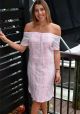 Cuban Party Off the Shoulder Sexy Guayabera Dress. Linen 100 %. Run Small. Pink Color.