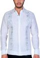 Exquisite Embroidery Guayabera. Linen 100 %. White/Gray Color. Back-Orders.
