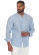 Stylish Men's 100% Linen Mandarin Collar Long Sleeve Pinstripe Shirt. Blue Color.