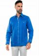 Men's Premium 100% Linen Guayabera Shirt  with Print Trim Accent. Long Sleeve. Two Pockets. Royal Blue Color.