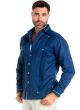 Linen Shirt Guayabera Long Sleeve Button Down with Piping Collar and Cuff Trim. Navy Color.