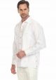 Men's Premium 100% Linen Guayabera Shirt. Long Sleeve with Print Trim Accent. Two Pockets. White/Pink Color.