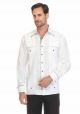 Men's Premium 100% Linen Guayabera Shirt. Long Sleeve with Print Trim Accent. Two Pockets. White/Blue Navy Color.