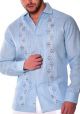Long Sleeves Guayabera. 100% Linen. Beautiful Embroidery. Light Blue Color.