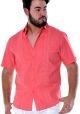 Men Linen Shirt W Pintuck And Embroidery Short Sleeve. Coral Color.