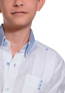 Kid's Linen  Guayabera Shirt White & Light Blue Accents. Back-Orders