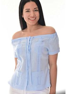 Party Guayabera for Ladies. Linen 100% Guayabera. Off the Shoulder. Runs Small. Light Blue Color.