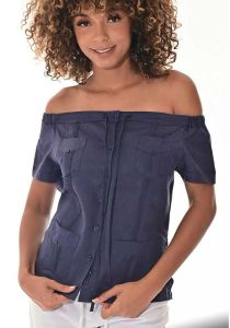 Party Guayabera for Ladies. Linen 100% Guayabera. Off the Shoulder. Runs Small. Blue Navy Color.