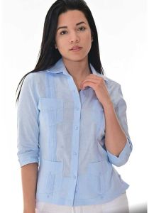 Party Guayabera for Ladies. Linen 100% Guayabera. 3/4 Sleeve. Runs Small. Light Blue Color.