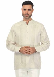 Mandarin Collar. No pockets Wedding Guayabera Shirt. Pleats. Linen 100 %. Natural Color.