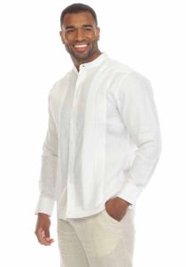 MAO Collar. No pockets Wedding Guayabera Shirt. Pleats. Linen 100 %. White Color.