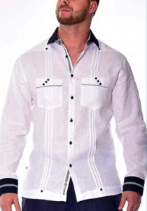 Long Sleeves Guayabera. 100% Linen. 2 Pockets Design with Contrast Line Trim. White/Navy Color.