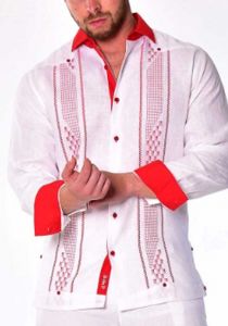 Long Sleeves Guayabera. 100% Linen. Beautiful Embroidery. White/Red Color.