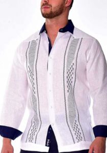 Long Sleeves Guayabera. 100% Linen. Beautiful Embroidery. White/Navy Color.