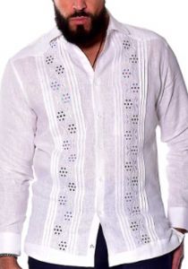 Long Sleeves Guayabera. 100% Linen. Beautiful Embroidery. White Color.