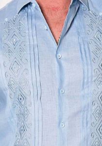 Long Sleeves Guayabera. 100% Linen. Beautiful Embroidery. No Pockets. Light Blue Color.